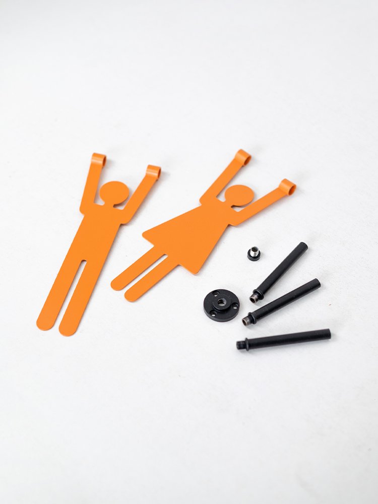 Hanging metal restroom sign parts with projecting wall rod and silhouettes