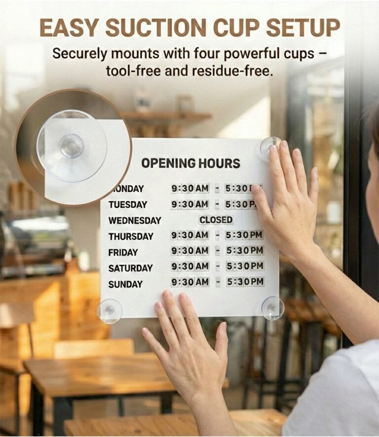 White magnetic business hours sign with suction cup setup on storefront glass