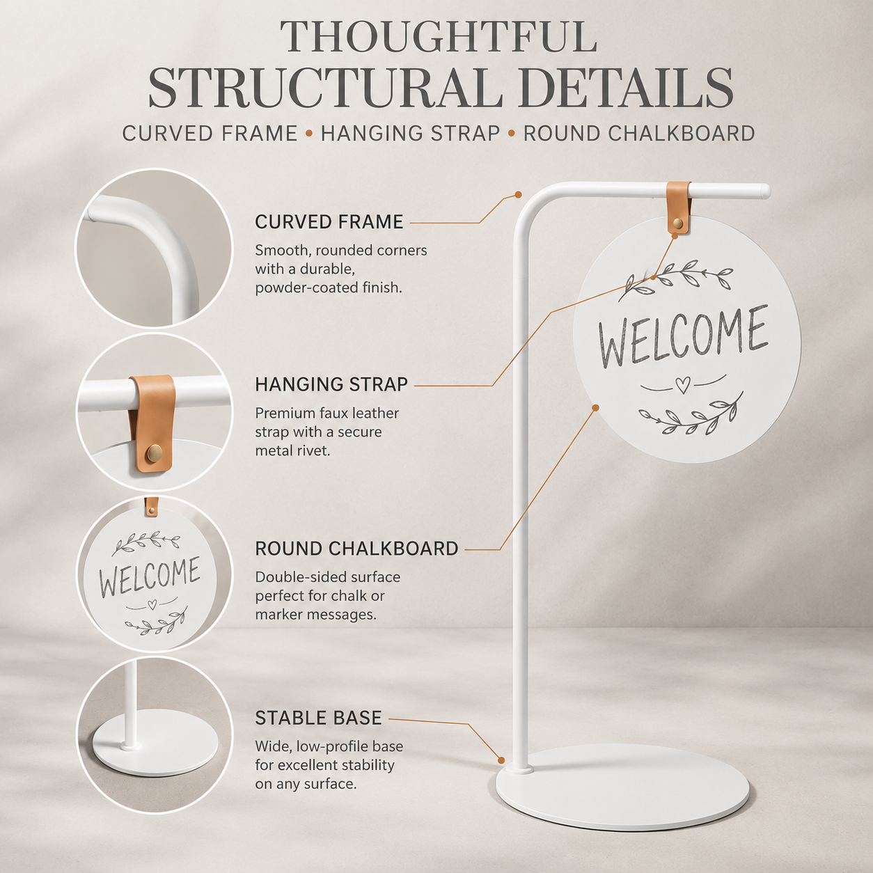 White curved-tube chalkboard-style stand structural details