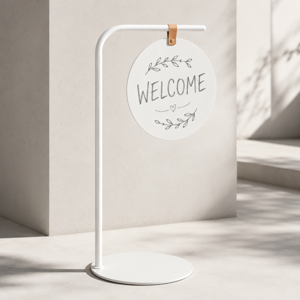 White curved-tube chalkboard-style message stand with round board