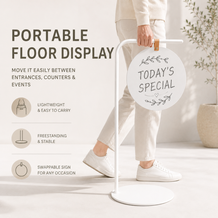 White portable chalkboard-style floor display being carried