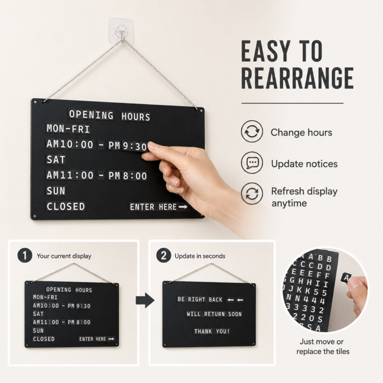 Rearranging magnetic character tiles on the hanging board