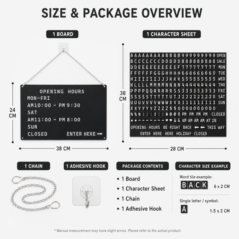 Hanging board dimensions, character size and package contents