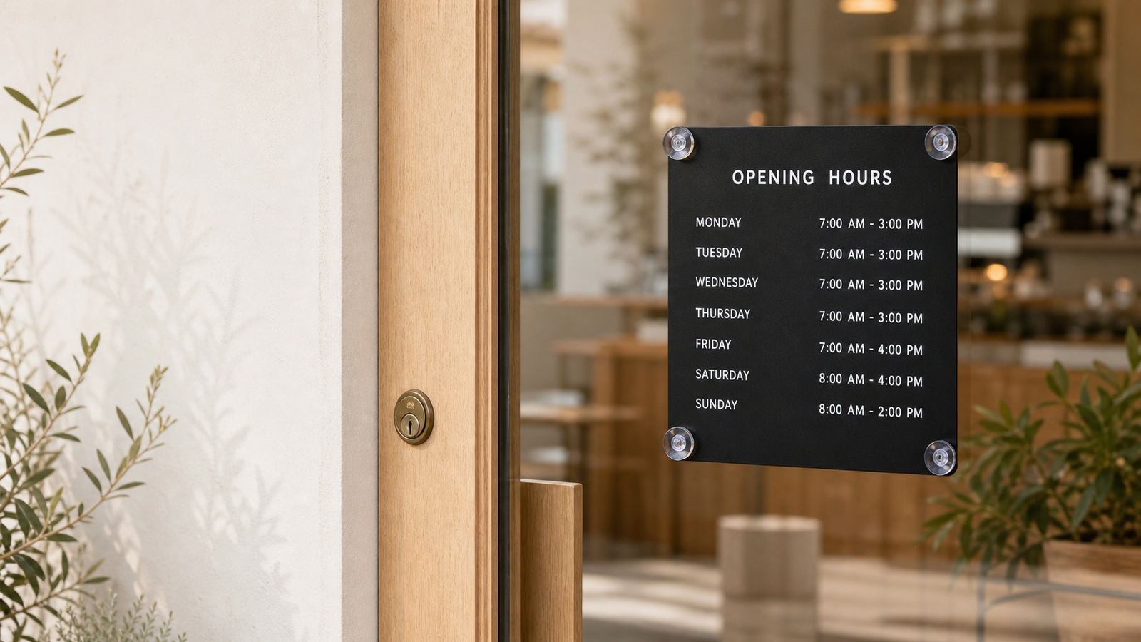 Opening hours signs for doors and windows