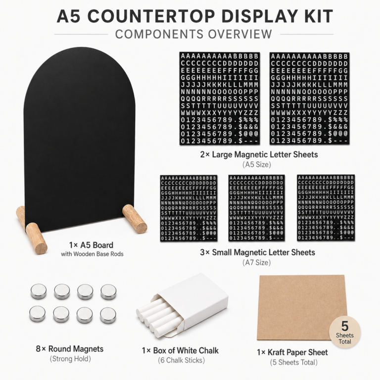 A5 countertop magnetic display kit with wooden base rods and accessories