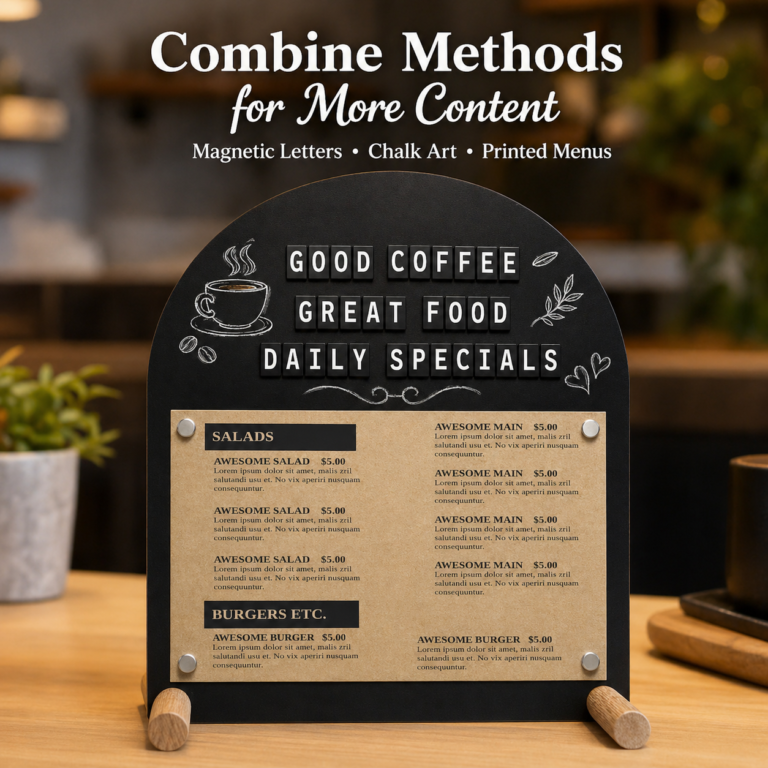 A5 countertop wood-rod magnetic display in cafe menu scene