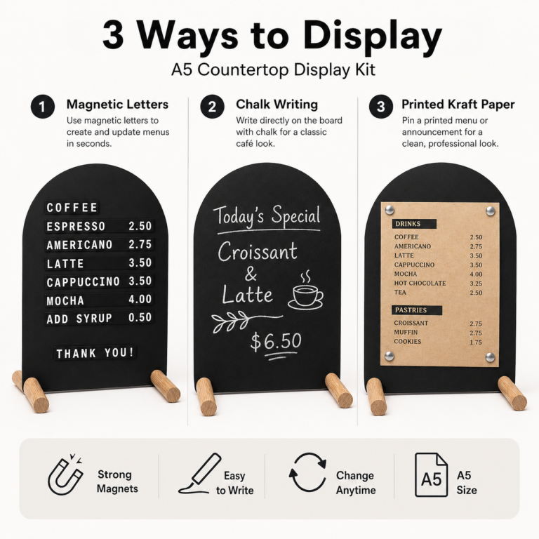 A5 countertop display kit with magnetic letters, chalk and printed paper modes