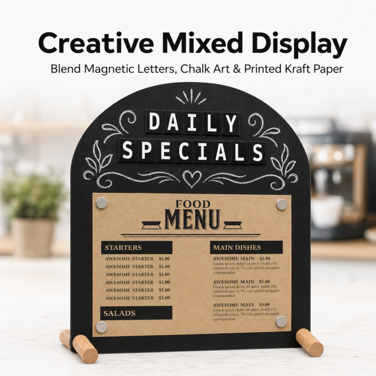 A4 wood-rod magnetic countertop display with mixed menu layout