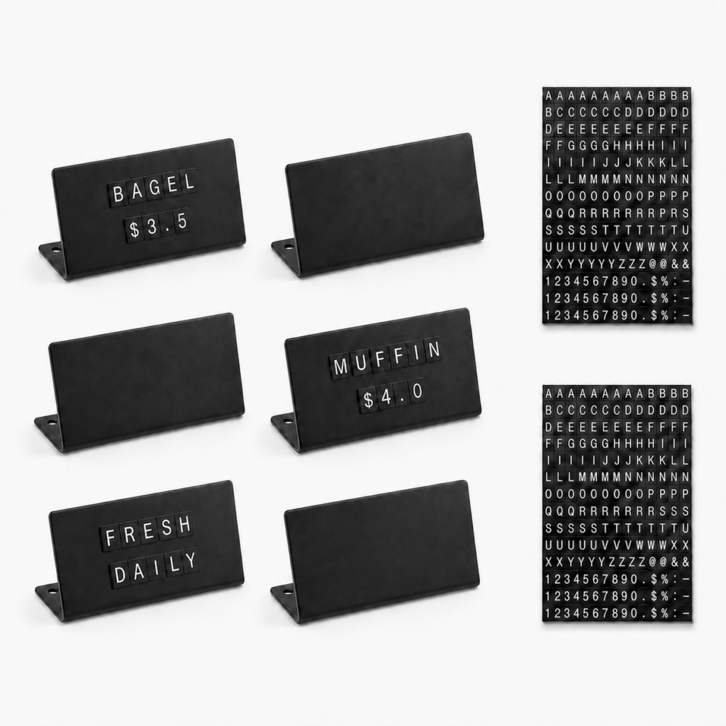 Six mini magnetic L display signs with two character boards