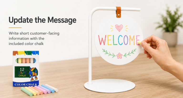 White curved-tube countertop message stand with writing board and chalk set
