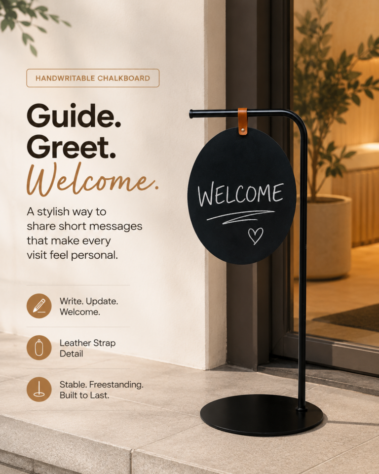 Black curved-tube message stand in storefront scene