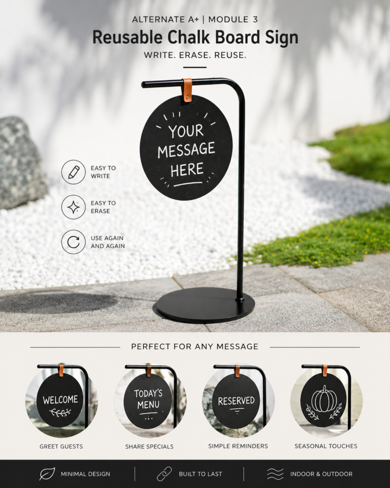 Black curved-tube reusable chalkboard sign overview
